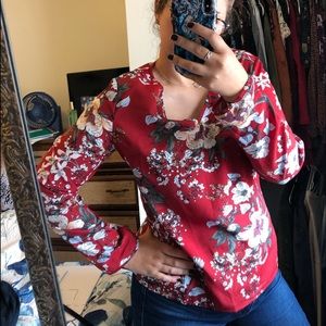 Red Floral V-Neck Women’s Blouse